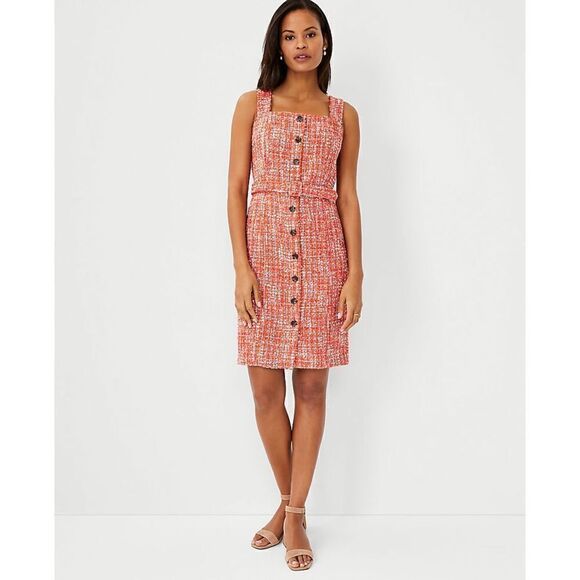 Ann Taylor Red Tweed Button-Front Sheath Dress - Picture 2 of 16